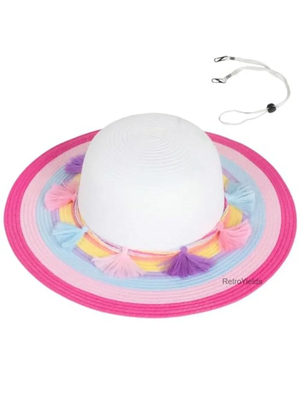 Girls Sun Straw Hat UPF 50+ Wide Brim with Tassels